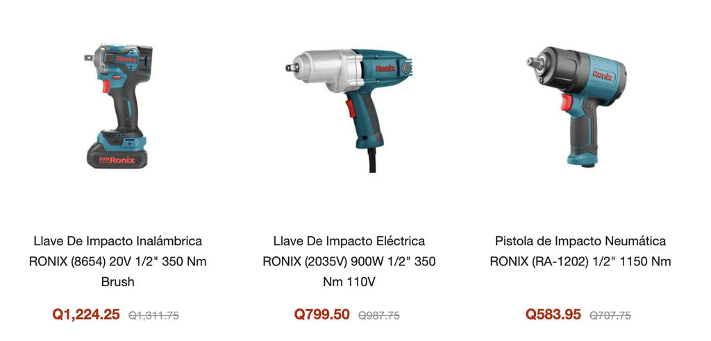 Captura de algunas de las pistolas de impacto para mecánicos disponibles en pacífiko.