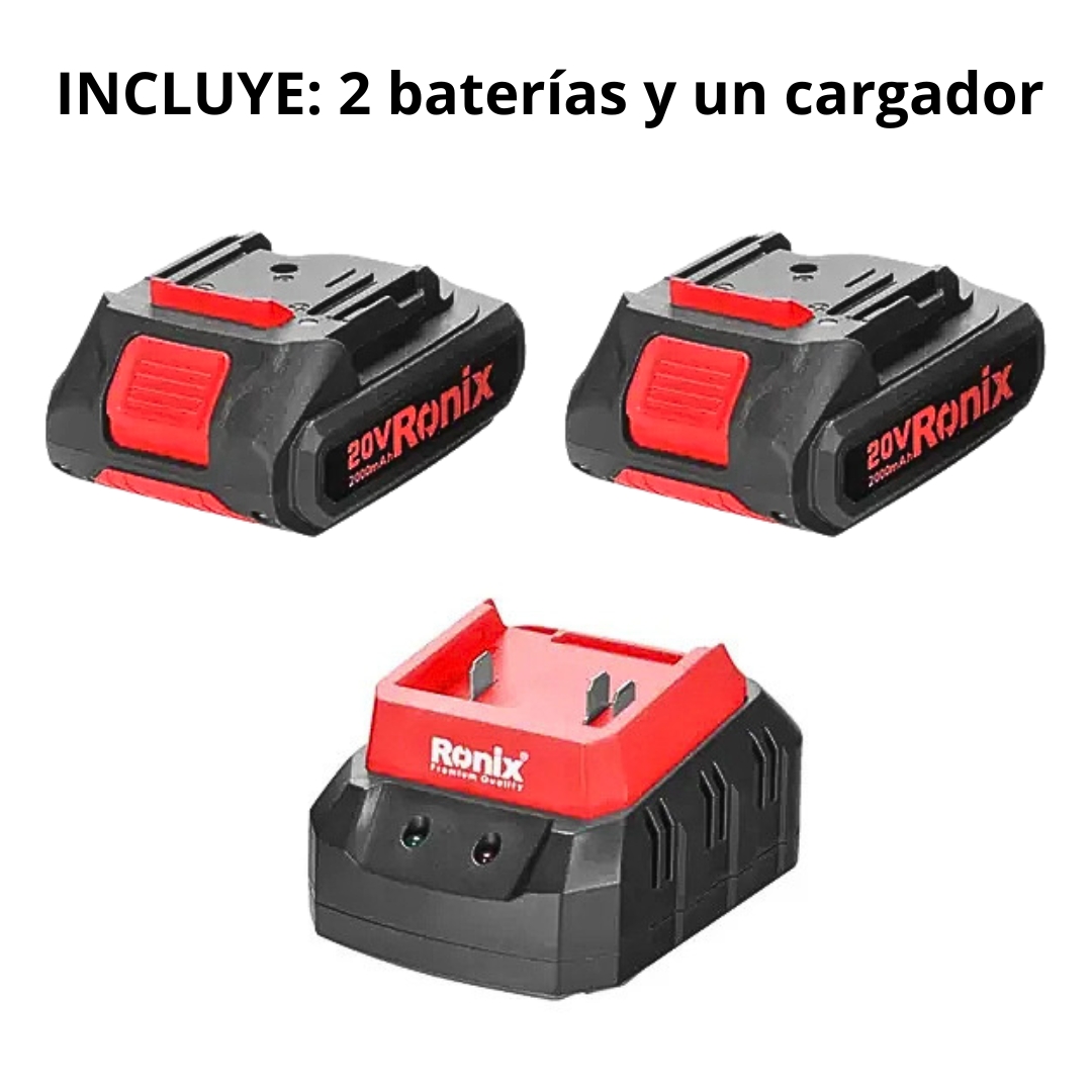 Foto ilustrativa de que se incluyen 2 baterias y cargador en el paquete de la Llave de Impacto PROFESIONAL Inalámbrica RONIX